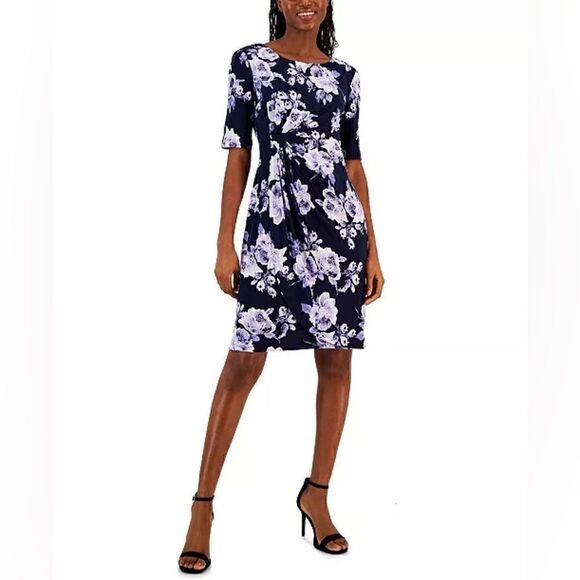 CONNECTED FAUX WRAP DRESS Petite Floral-Print -Waist Jersey Dress blue 6P New - Picture 1 of 15